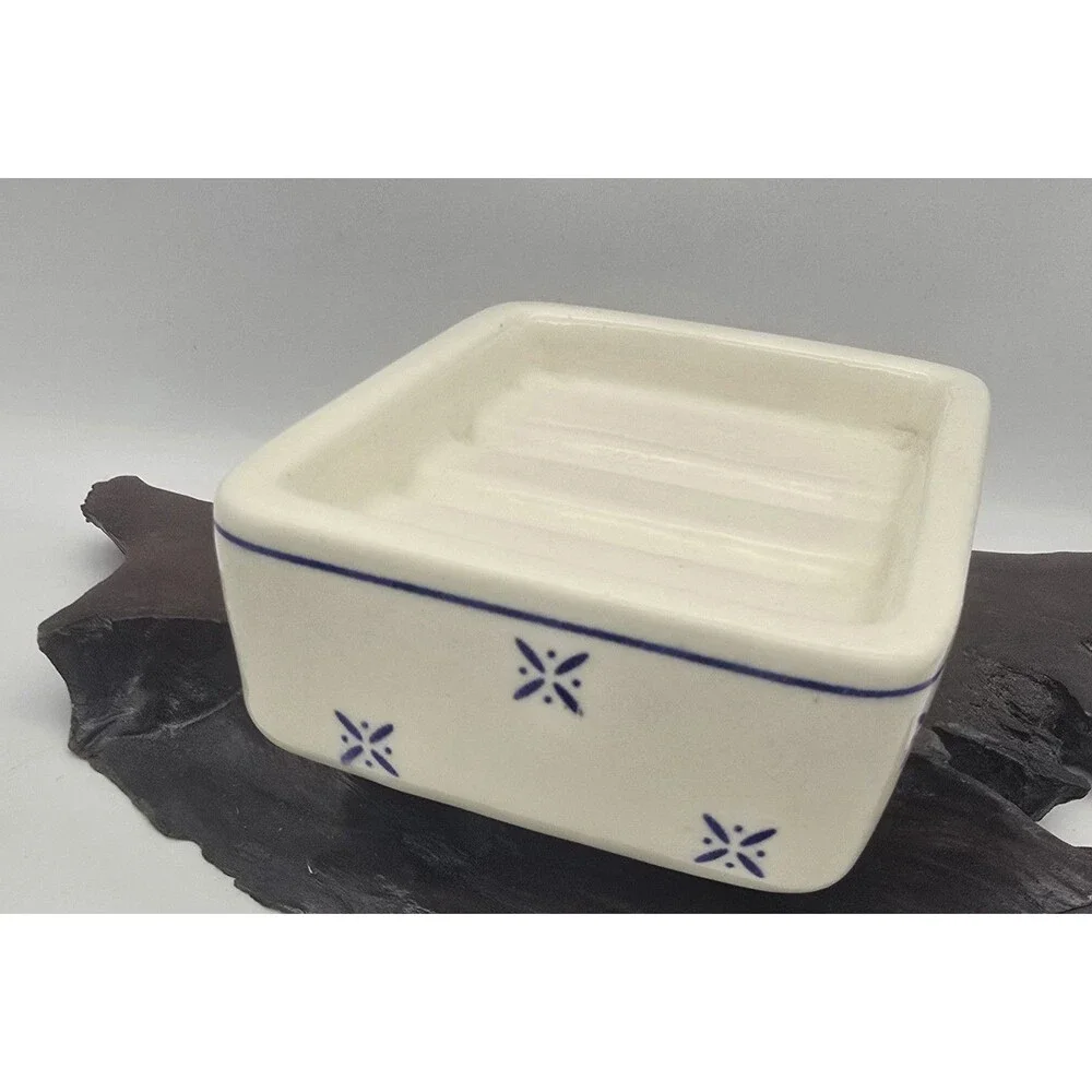Vintage Blue & White Chunky Ceramic Soap Dish ~ Farmhouse Cottage